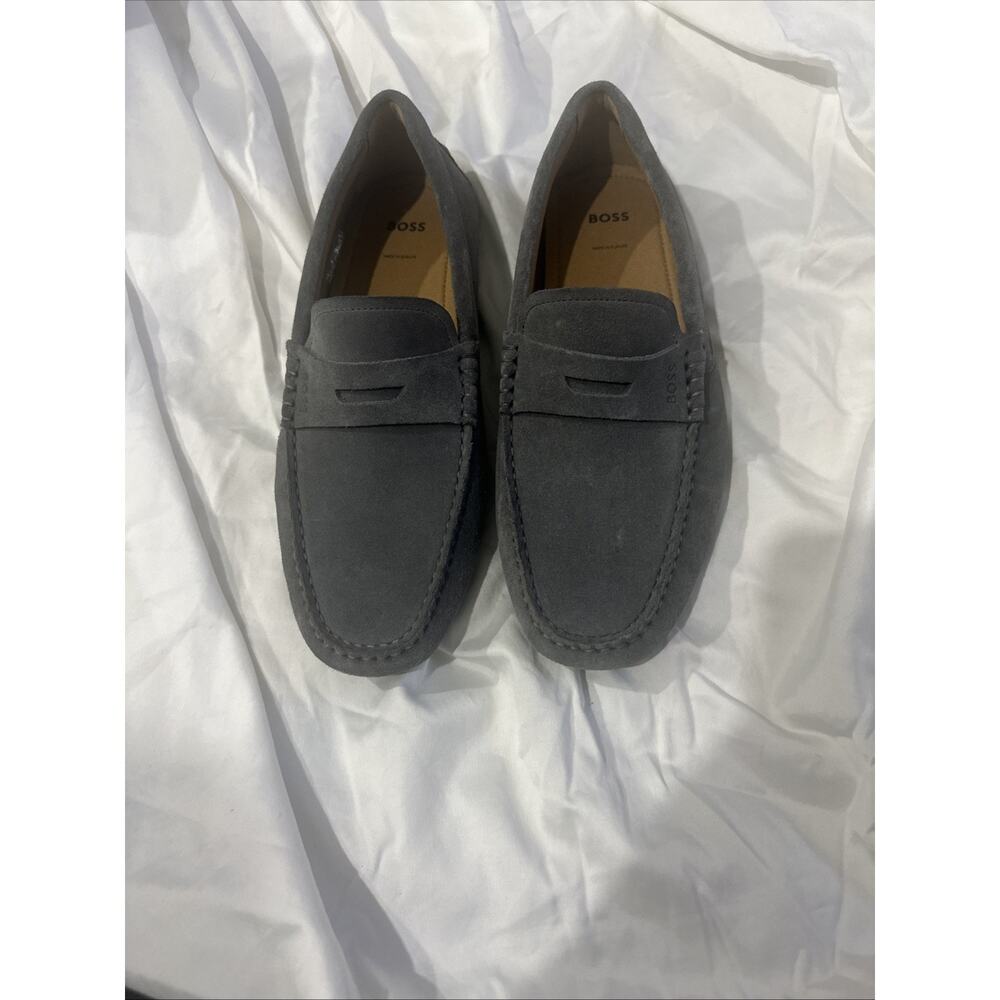 BOSS Mens Noel Mocc Suede Moccasins Penny Loafer Light Blue EU 42
